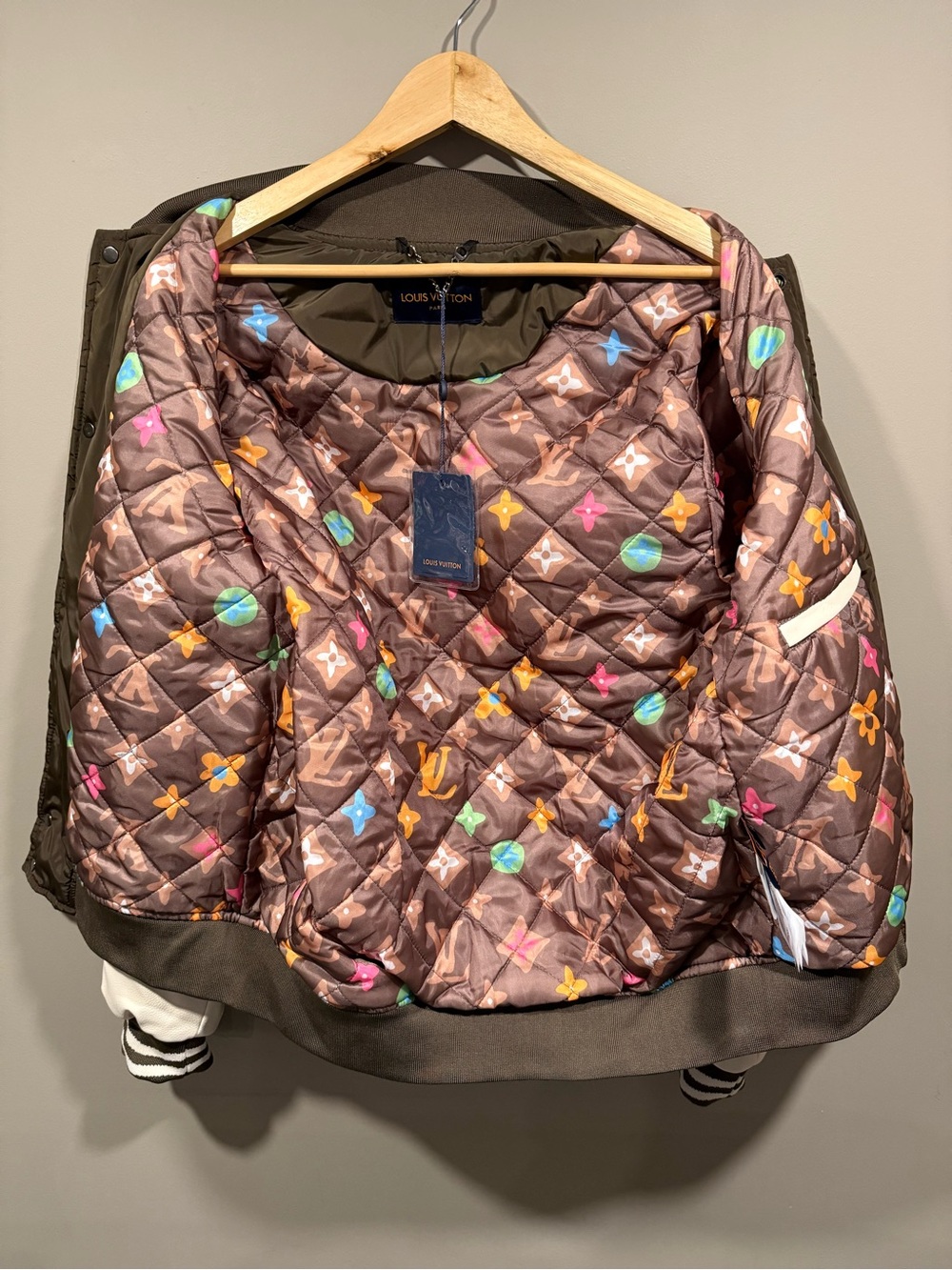 LV style designer Men's Brown and White leather Varsity Jacket - Picture 10 of 15